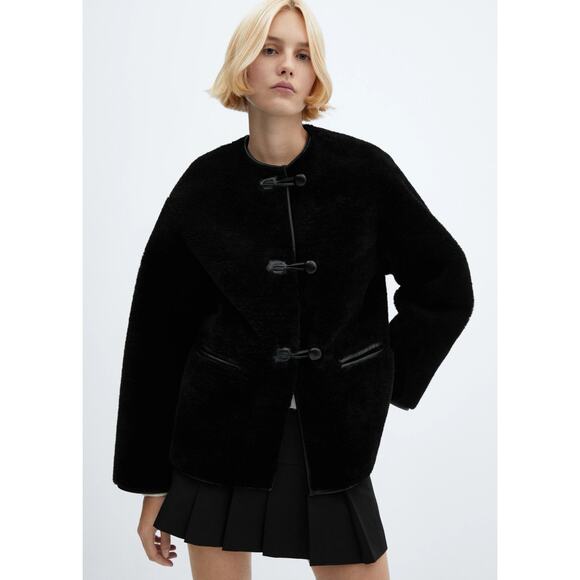 H&M Faux Shearling Frog Closure Black Reversible Funnel Neck XS - Picture 1 of 4